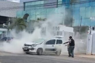 Populares controlam fogo em carro após batida na Avenida Jardins