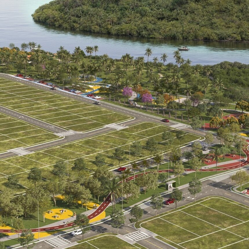 Imagem do projeto arquitetônico da praça linear do empreendimento Águas da Barra