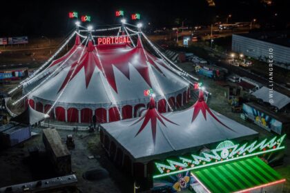 Vista aerea da lona do Circo Portugal montada em Aracaju durante a temporada 2026