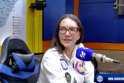 A candidata a deputada estadual Delegada Danielle Garcia durante entrevista ao Jornal da Xodó